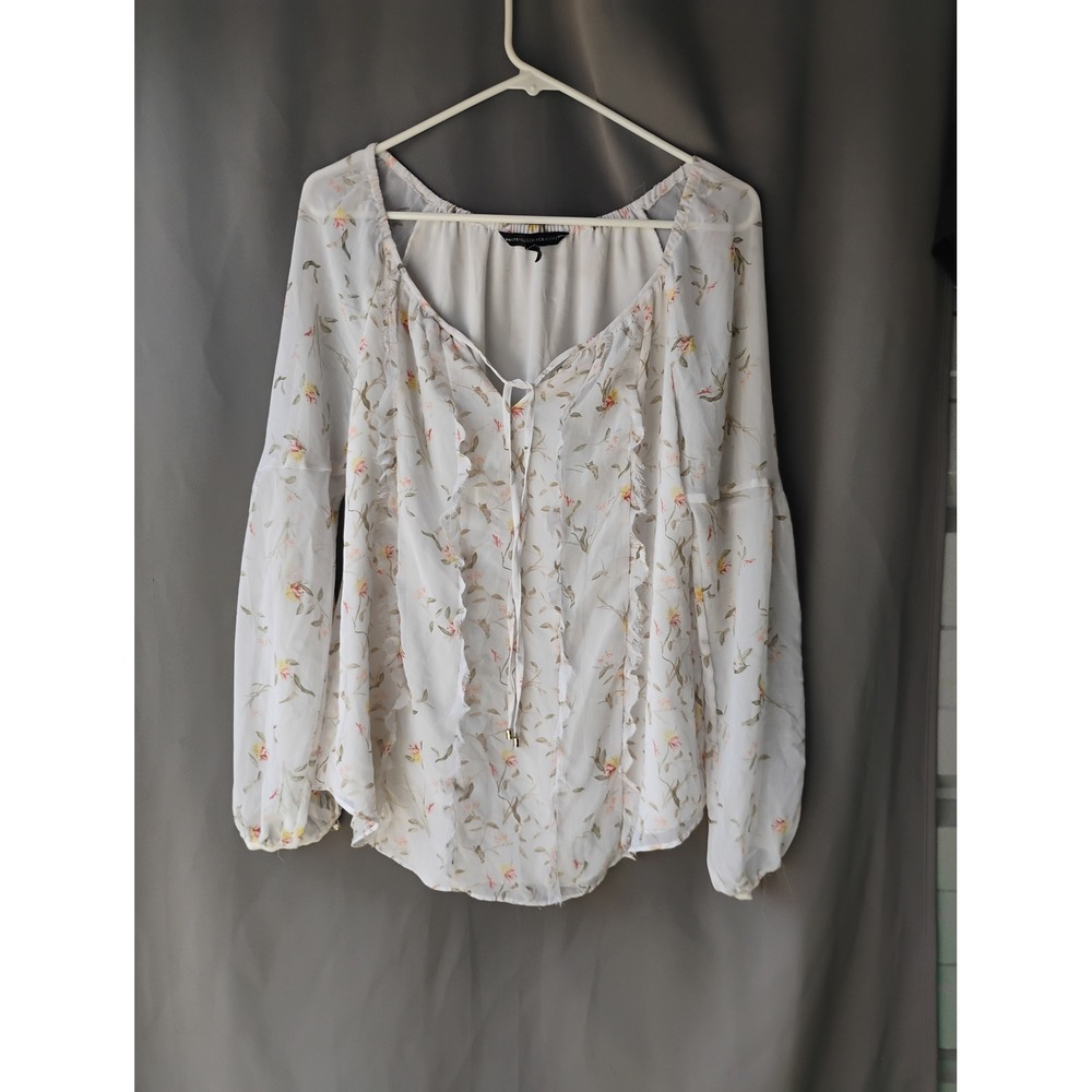 White House Black Market Floral Ruffle Peasant Blouse White Size 8 Long Sleeve